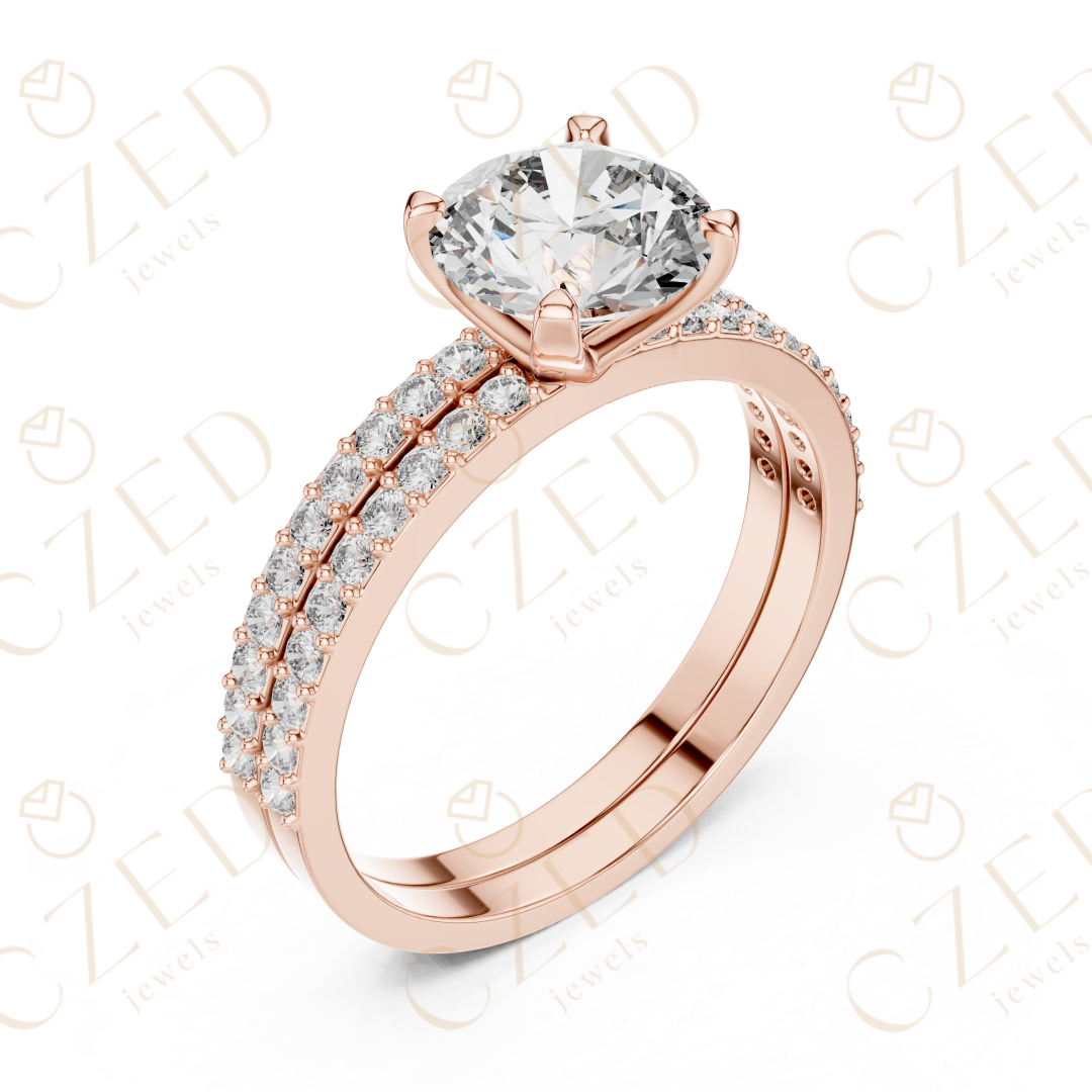 Round Brilliant Diamond Solitaire Ring with Double Row Pave Band