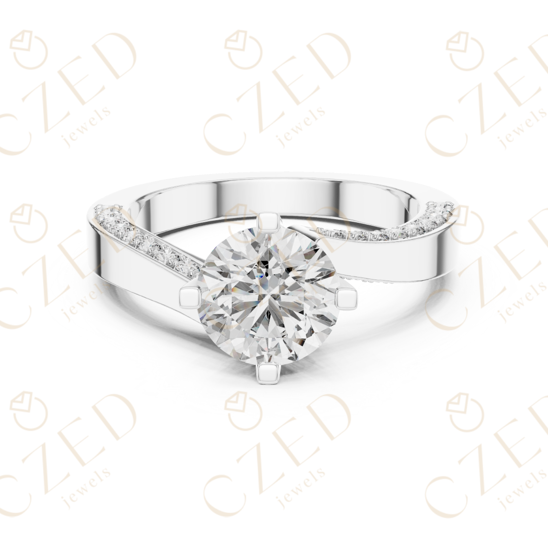 Round Brilliant Solitaire Diamond Ring with Twisted Pavé Accents