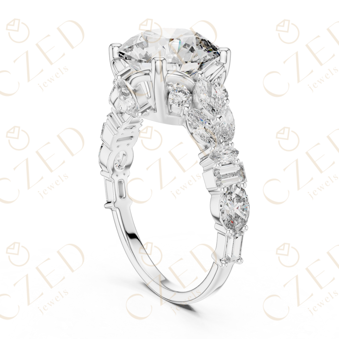 Round Cut Diamond Engagement Ring with Mixed Shape Side Stones