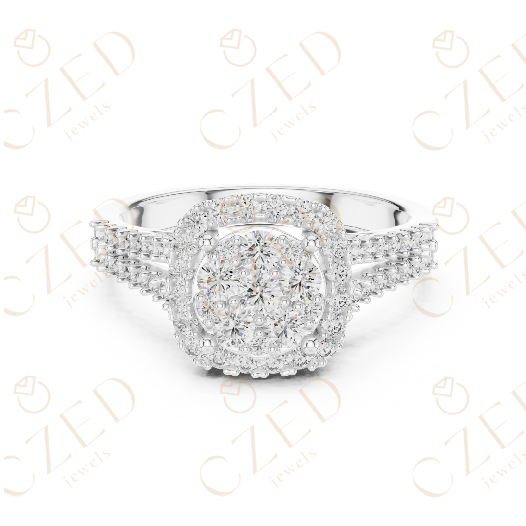 Round Diamond Cluster Halo Ring with Split Shoulder Detailing