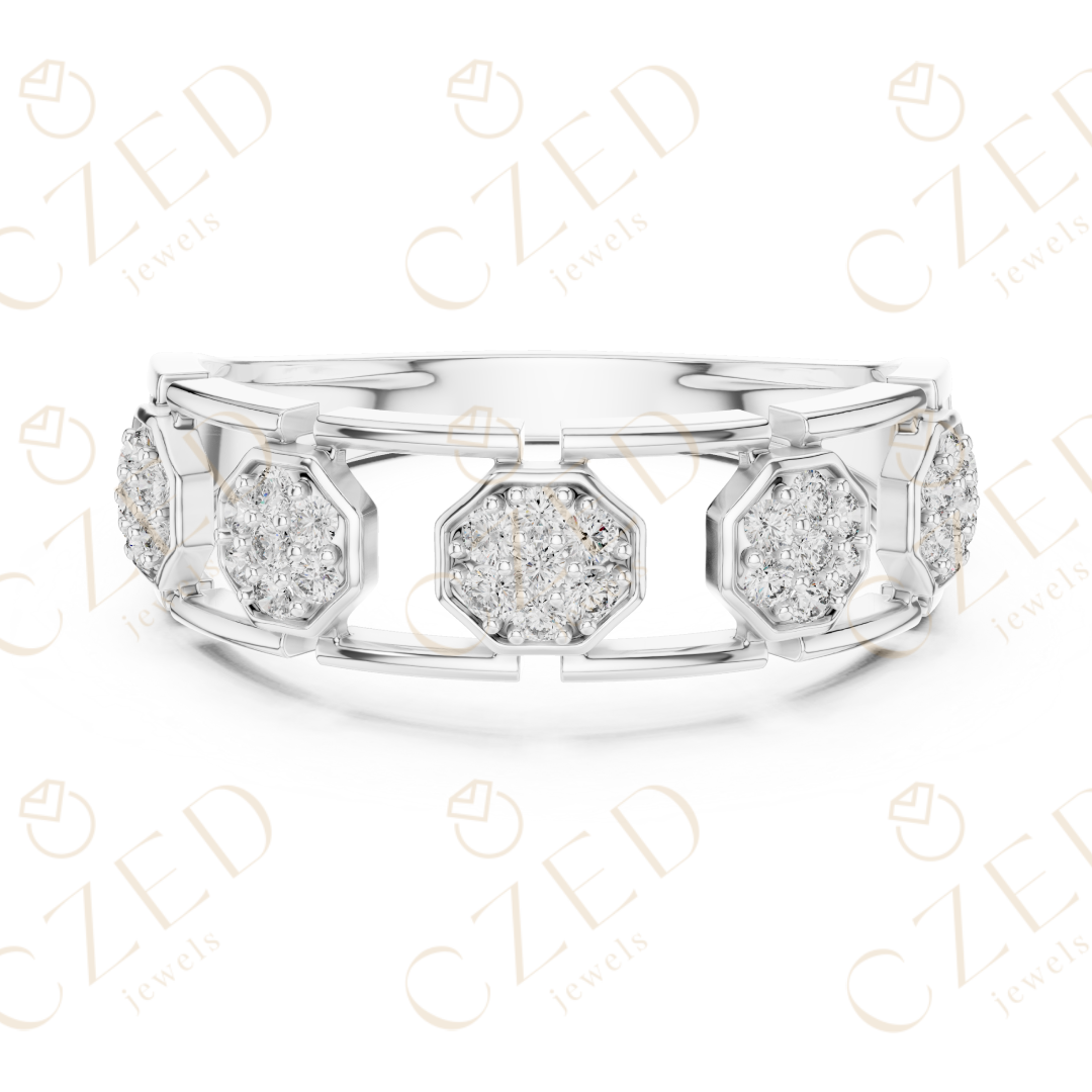 Round Cut Diamond Pavé Hexagon Panel Men’s Band with Openwork Links