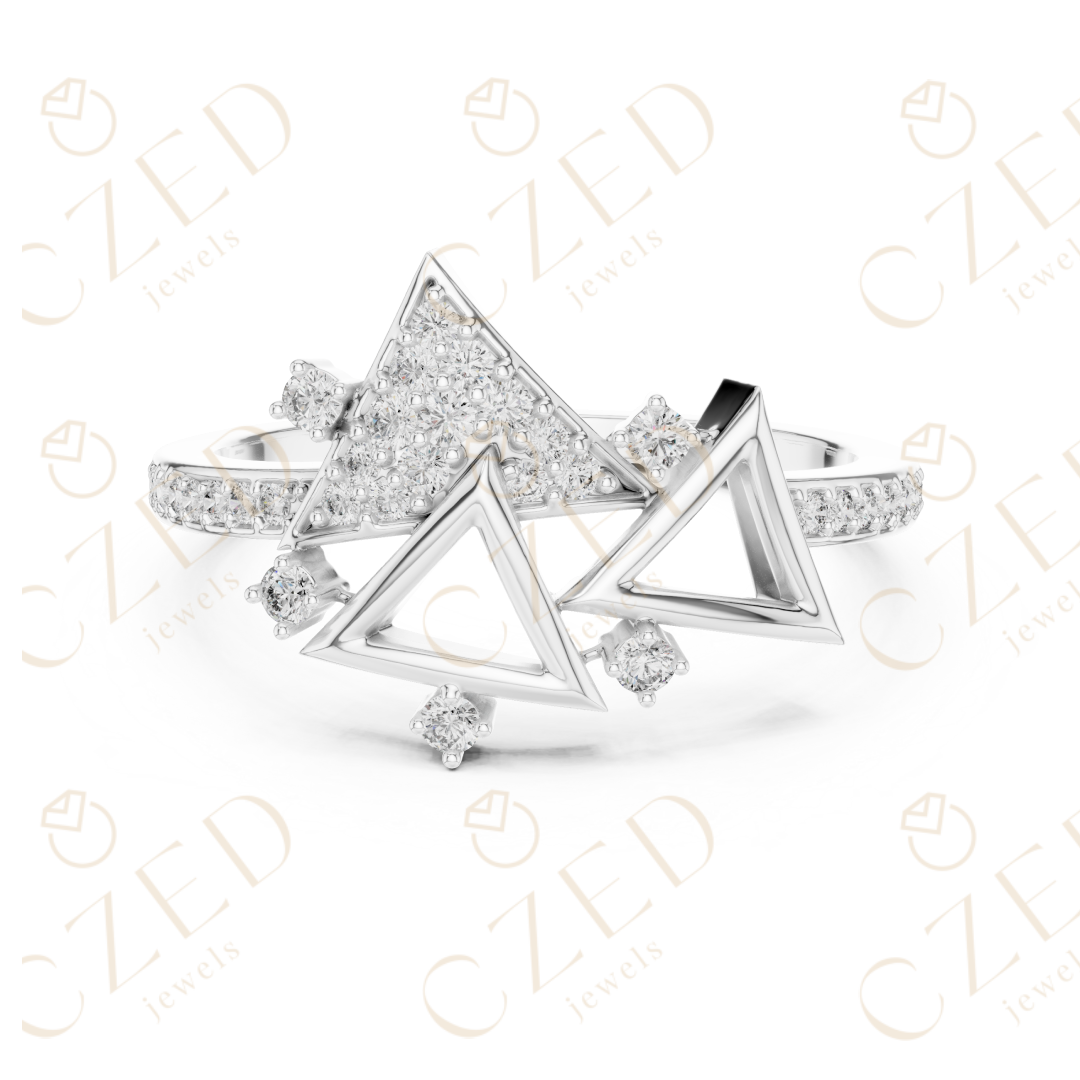 Geometric Triangle Cluster Diamond Ring with Pavé Accents