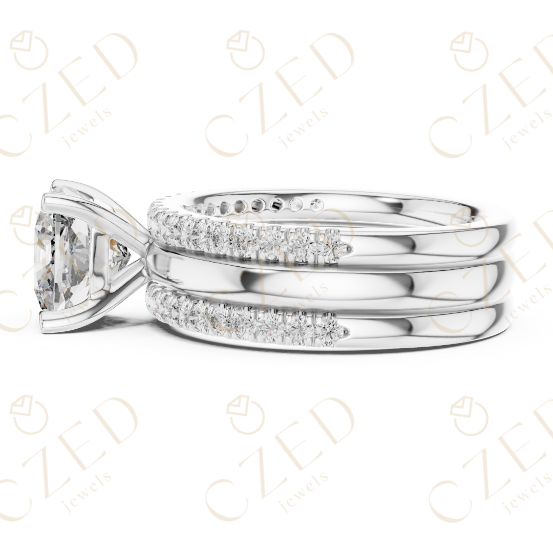 Cushion Cut Diamond Solitaire Ring with Pavé Band Stack