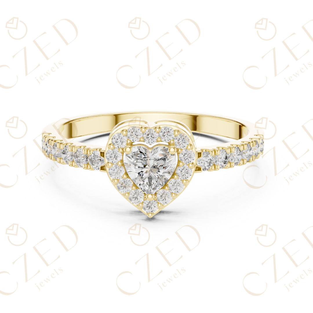 Heart Cut Diamond Halo Ring with Pavé Accented Band and Romantic Brilliance
