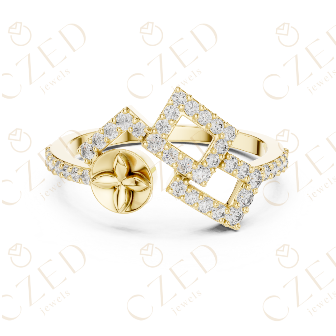 Round Cut Diamond Geometric Double Square Charm Ring