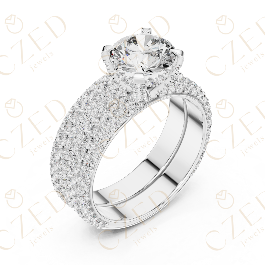 Round Brilliant Solitaire Diamond Ring with Multi-Row Pave Band