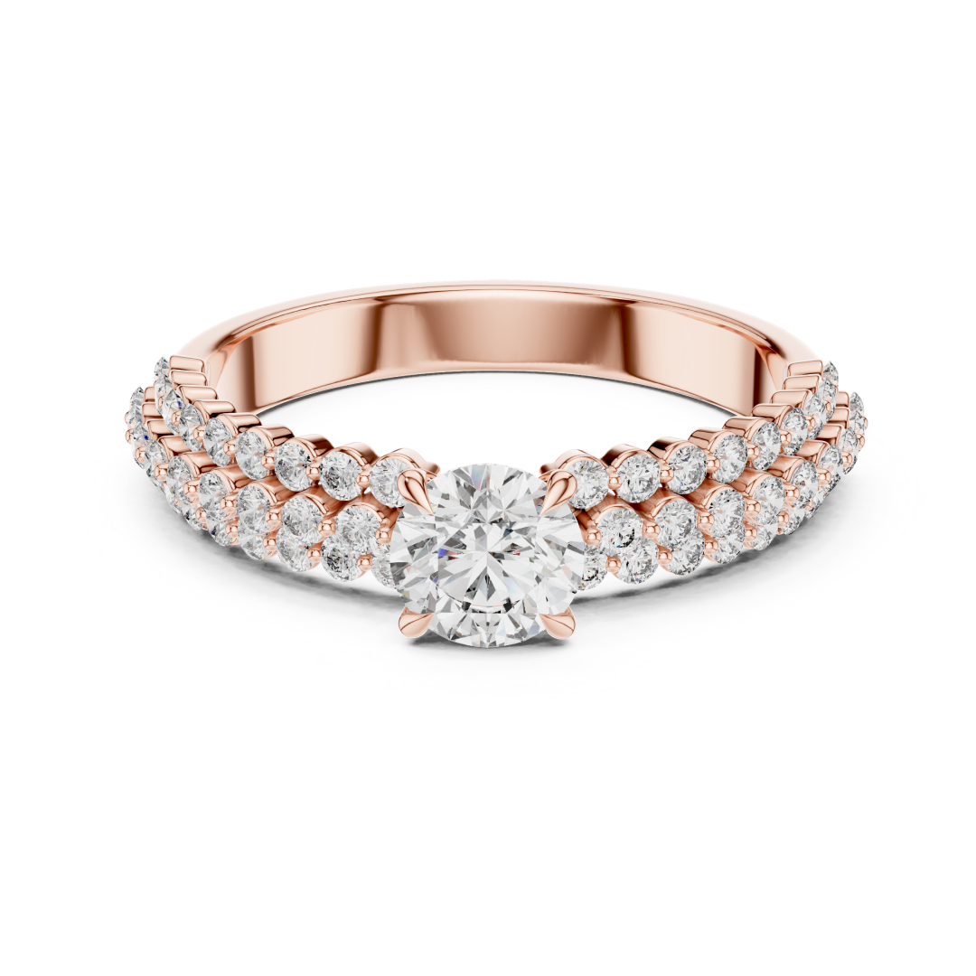 Round Brilliant Diamond Solitaire Ring with Double Row Pave Band