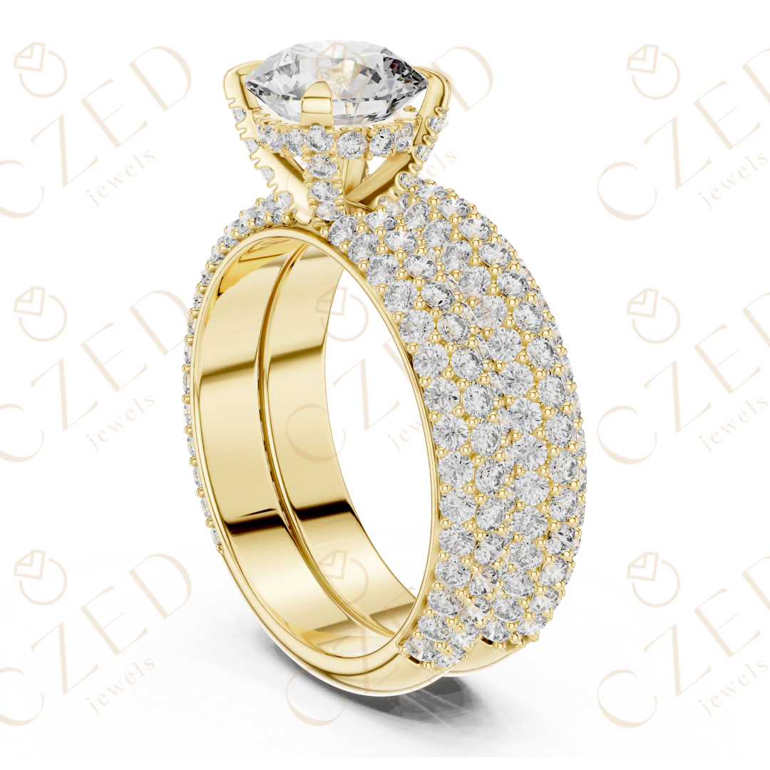 Round Brilliant Solitaire Diamond Ring with Multi-Row Pave Band