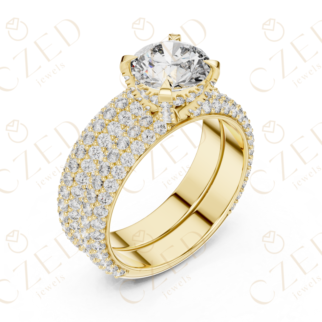 Round Brilliant Solitaire Diamond Ring with Multi-Row Pave Band