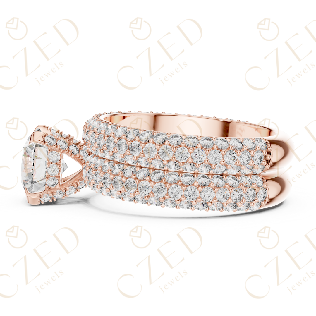 Round Brilliant Solitaire Diamond Ring with Multi-Row Pave Band