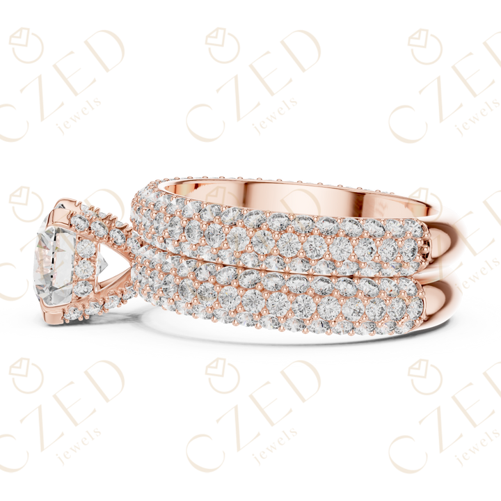 Round Brilliant Solitaire Diamond Ring with Multi-Row Pave Band