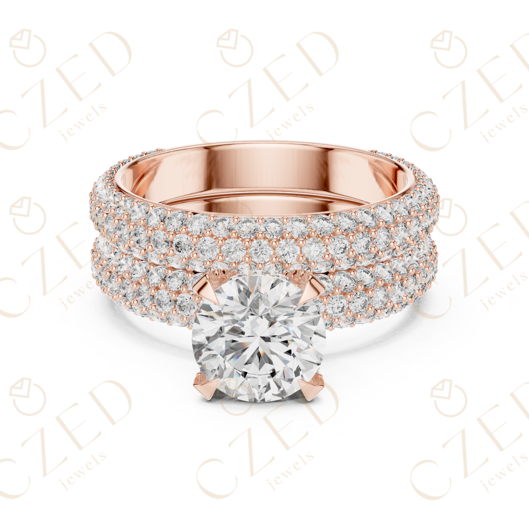 Round Brilliant Solitaire Diamond Ring with Multi-Row Pave Band