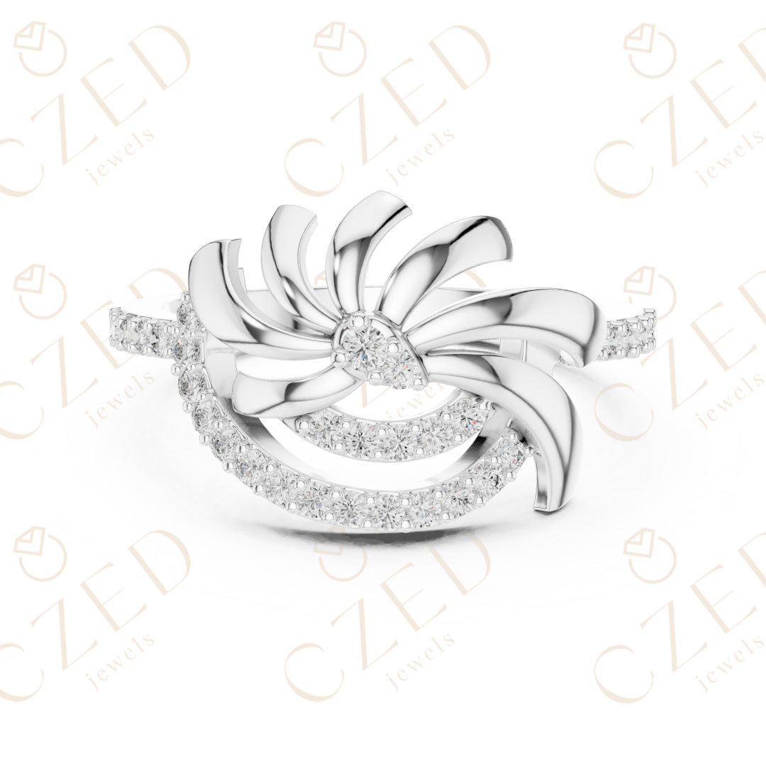 Round Cut Diamond Floral Twist Halo Ring with Pavé Accents