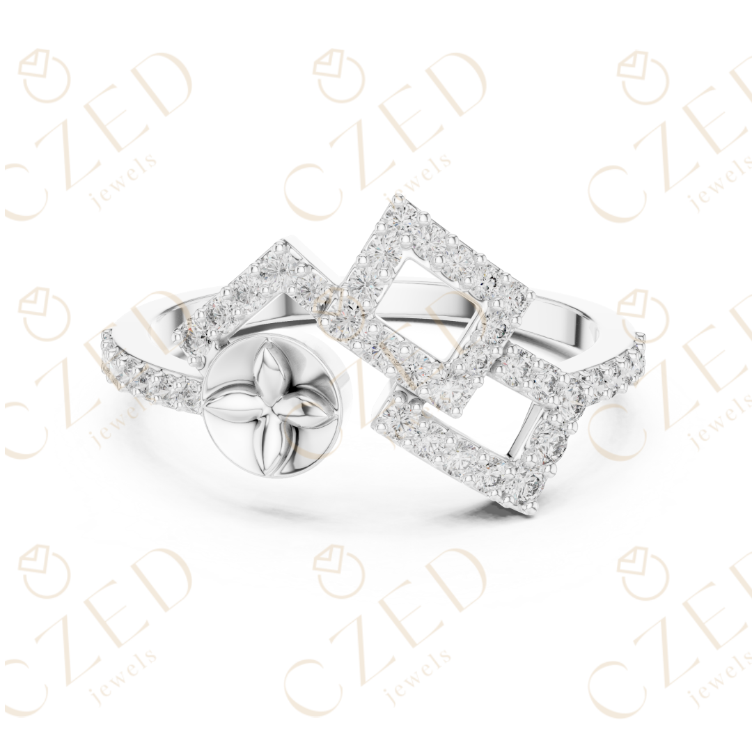 Round Cut Diamond Geometric Double Square Charm Ring