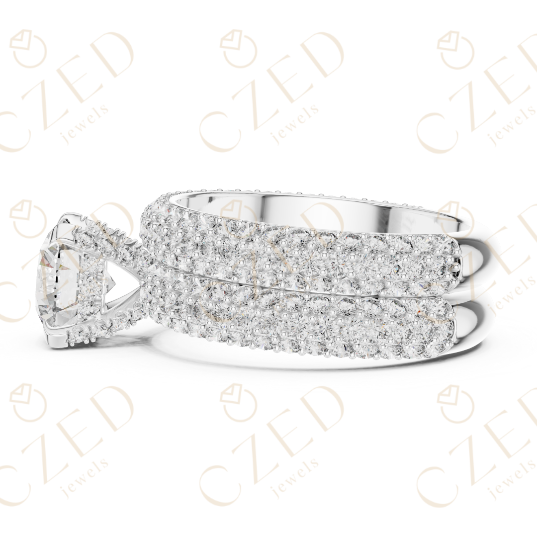 Round Brilliant Solitaire Diamond Ring with Multi-Row Pave Band