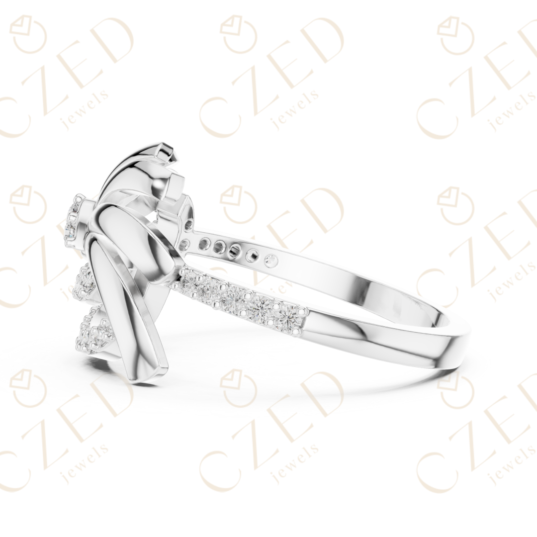 Round Cut Diamond Floral Twist Halo Ring with Pavé Accents