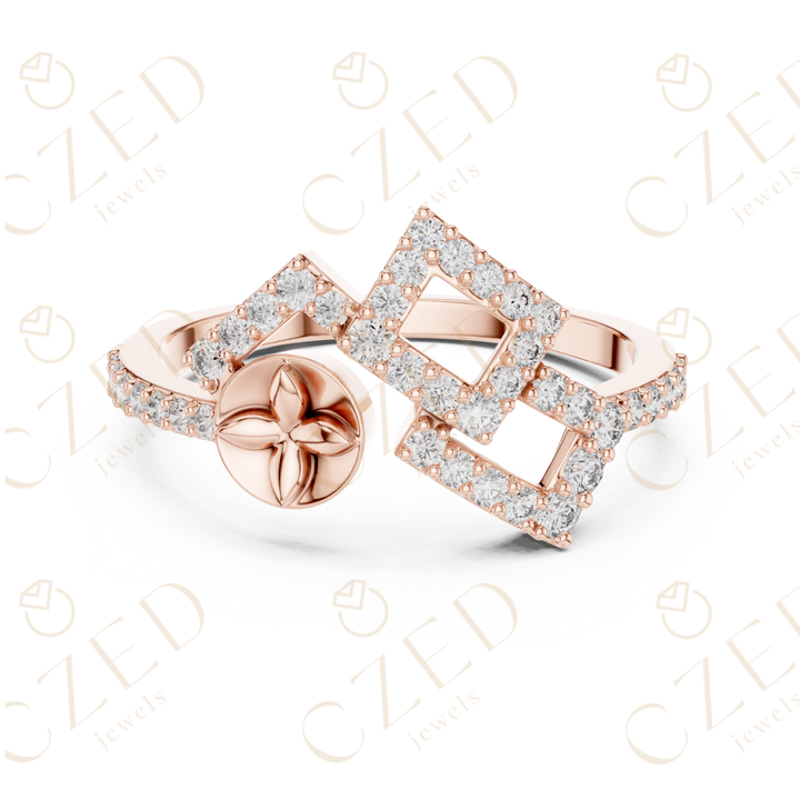 Round Cut Diamond Geometric Double Square Charm Ring