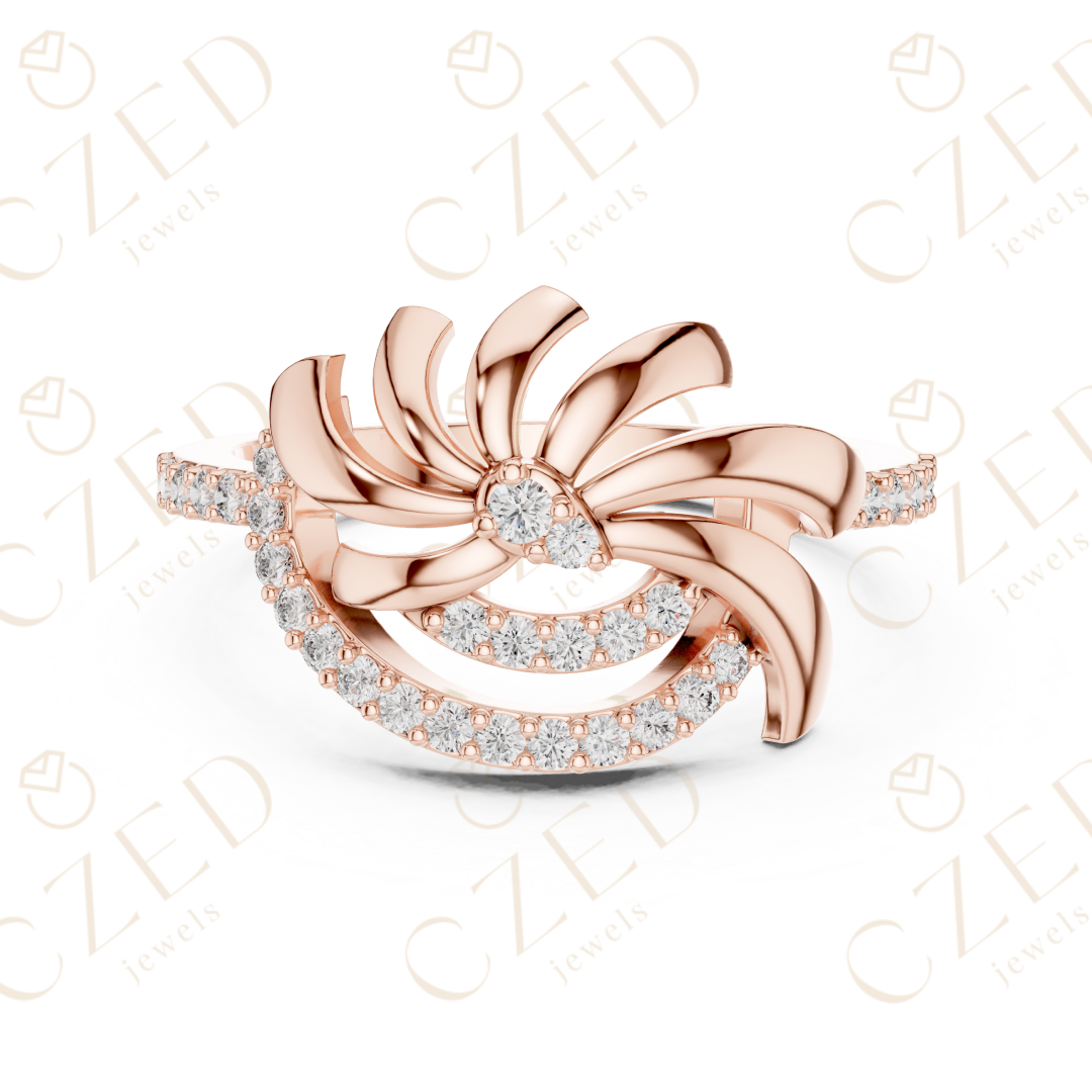 Round Cut Diamond Floral Twist Halo Ring with Pavé Accents