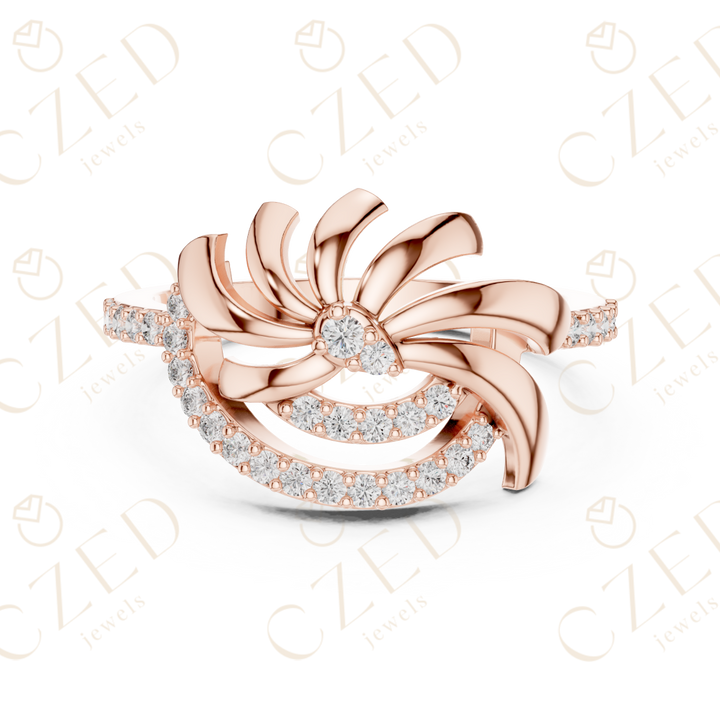 Round Cut Diamond Floral Twist Halo Ring with Pavé Accents