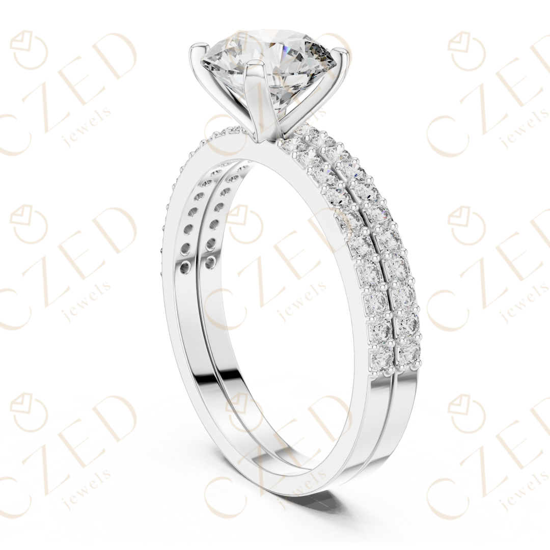 Round Brilliant Diamond Solitaire Ring with Double Row Pave Band
