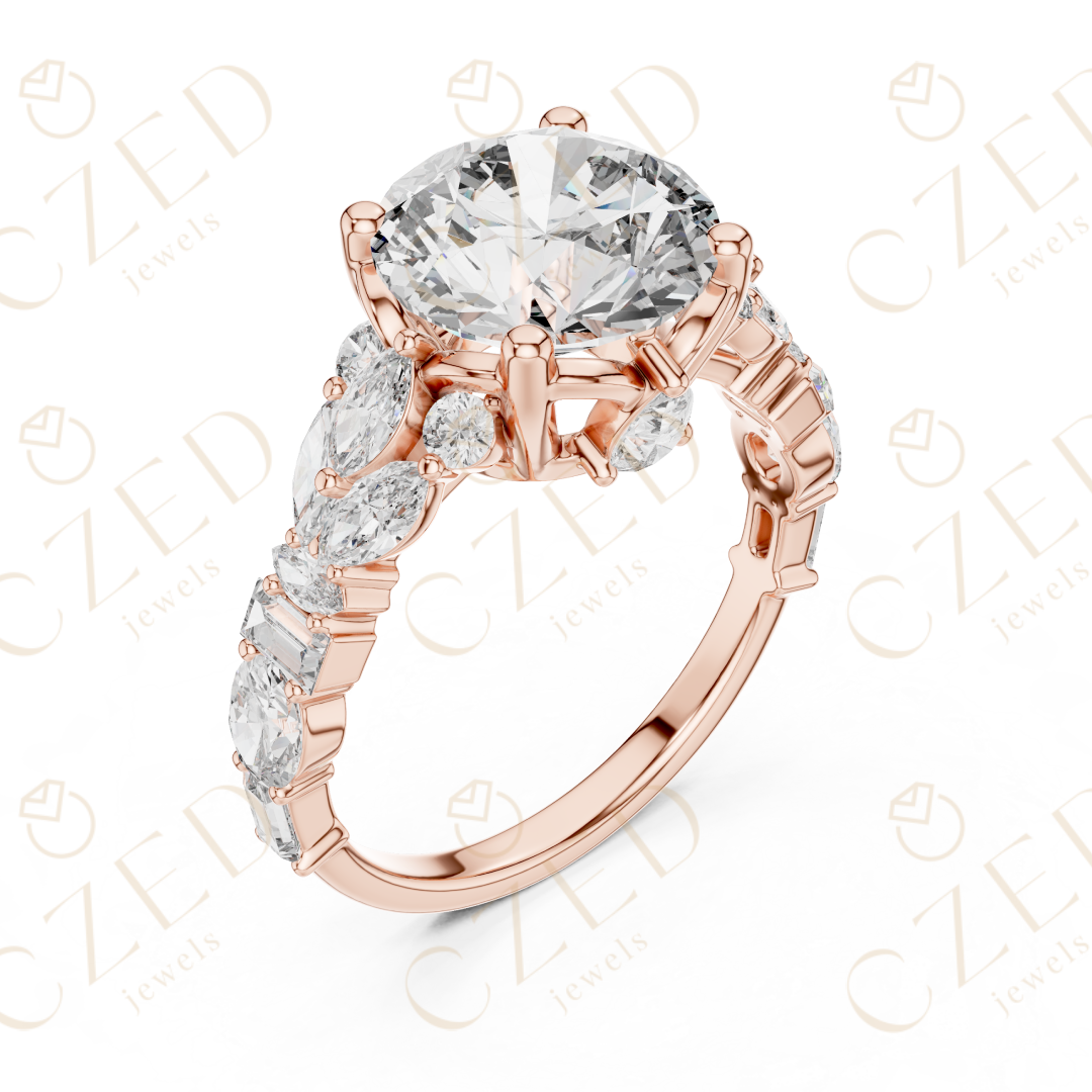 Round Cut Diamond Engagement Ring with Mixed Shape Side Stones