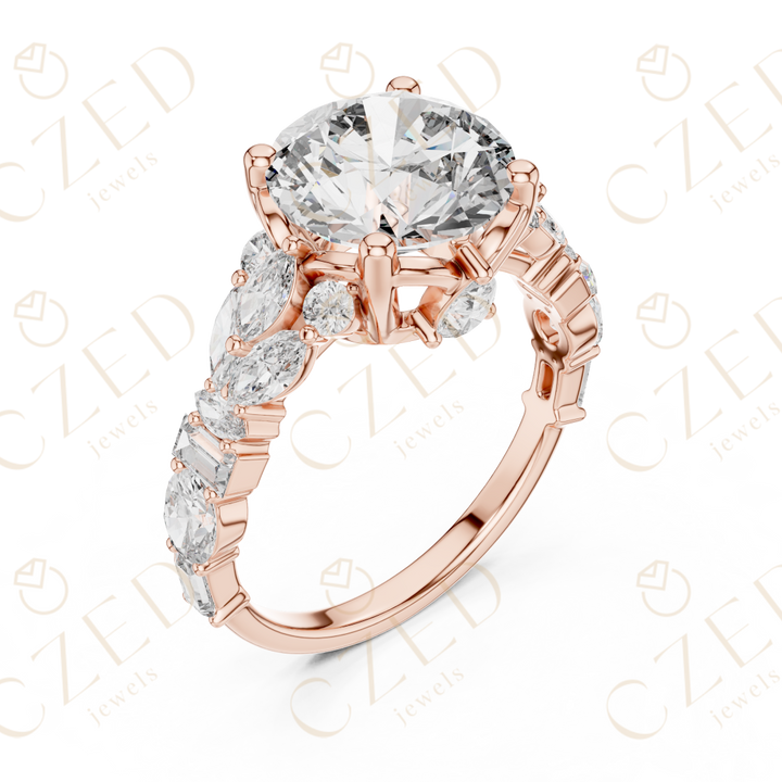 Round Cut Diamond Engagement Ring with Mixed Shape Side Stones