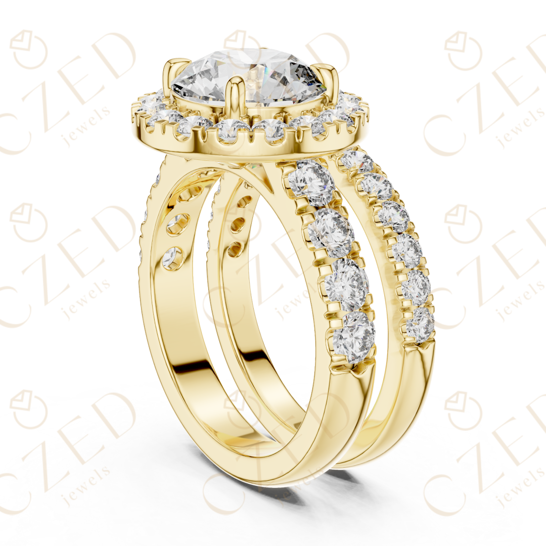 Round Brilliant Diamond Halo Ring with Double Row Pave Band and Matching Band