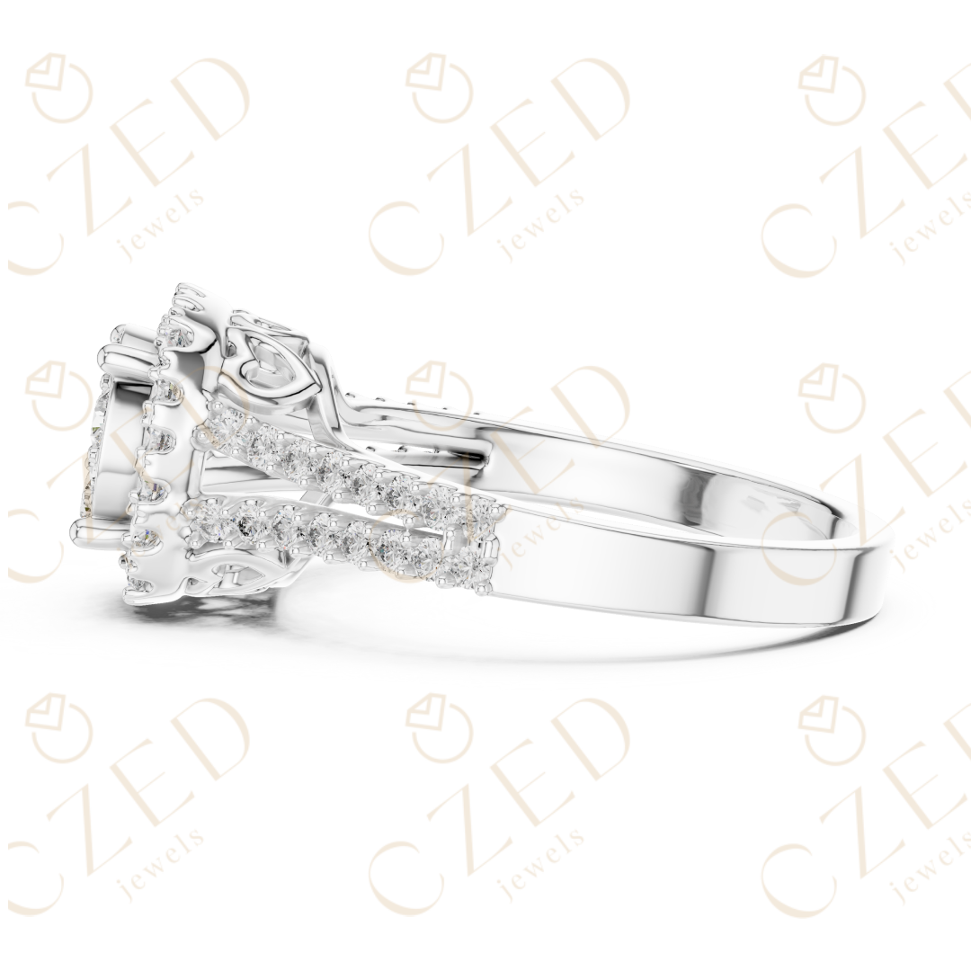 Round Diamond Cluster Halo Ring with Split Shoulder Detailing