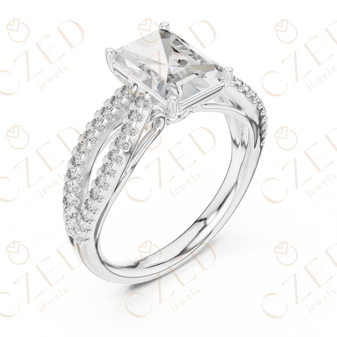 Radiant Cut Diamond Solitaire Ring with Pavé Set Split Shank