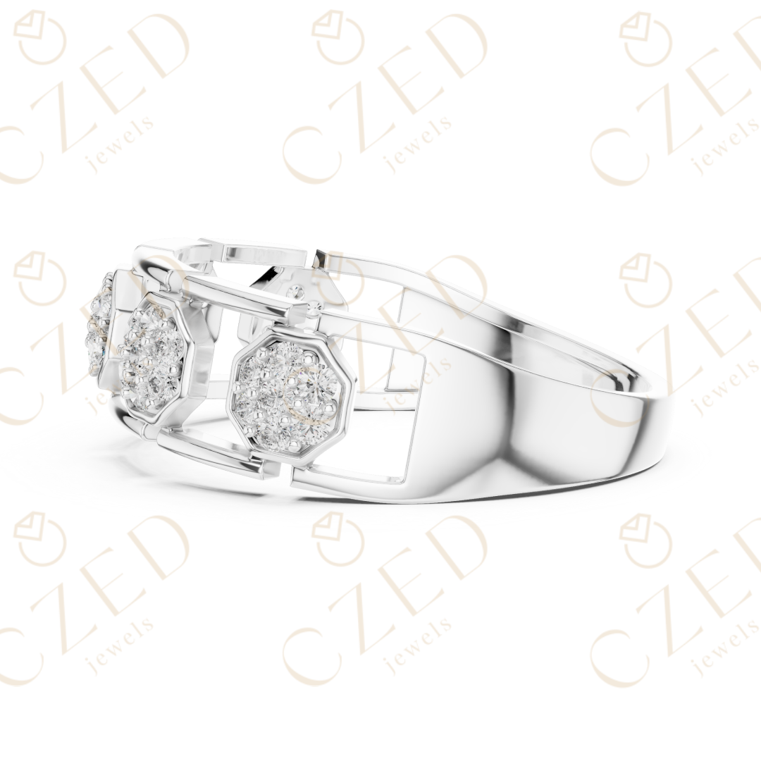 Round Cut Diamond Pavé Hexagon Panel Men’s Band with Openwork Links