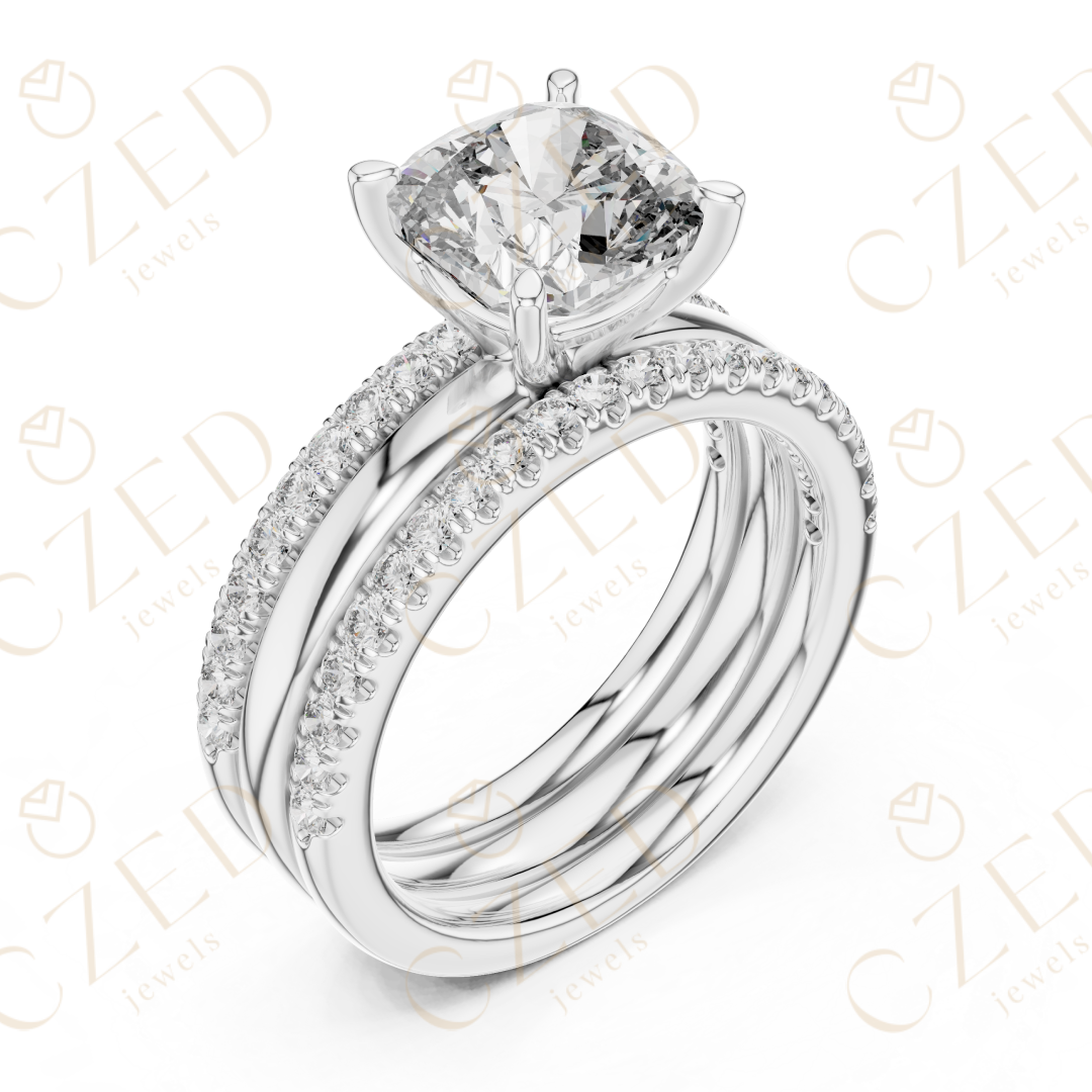 Cushion Cut Diamond Solitaire Ring with Pavé Band Stack