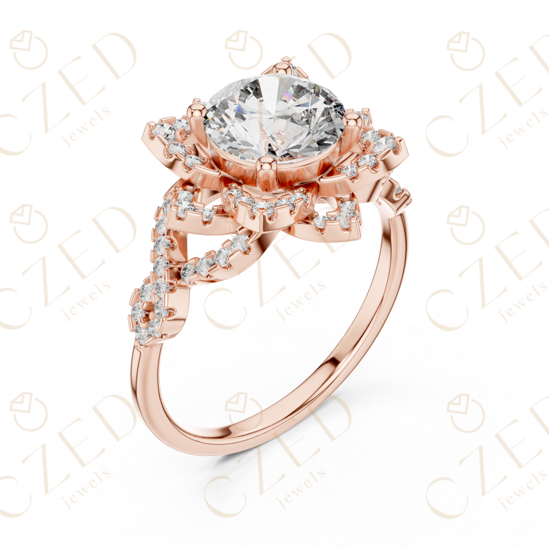 Round Cut Floral Halo Diamond Engagement Ring