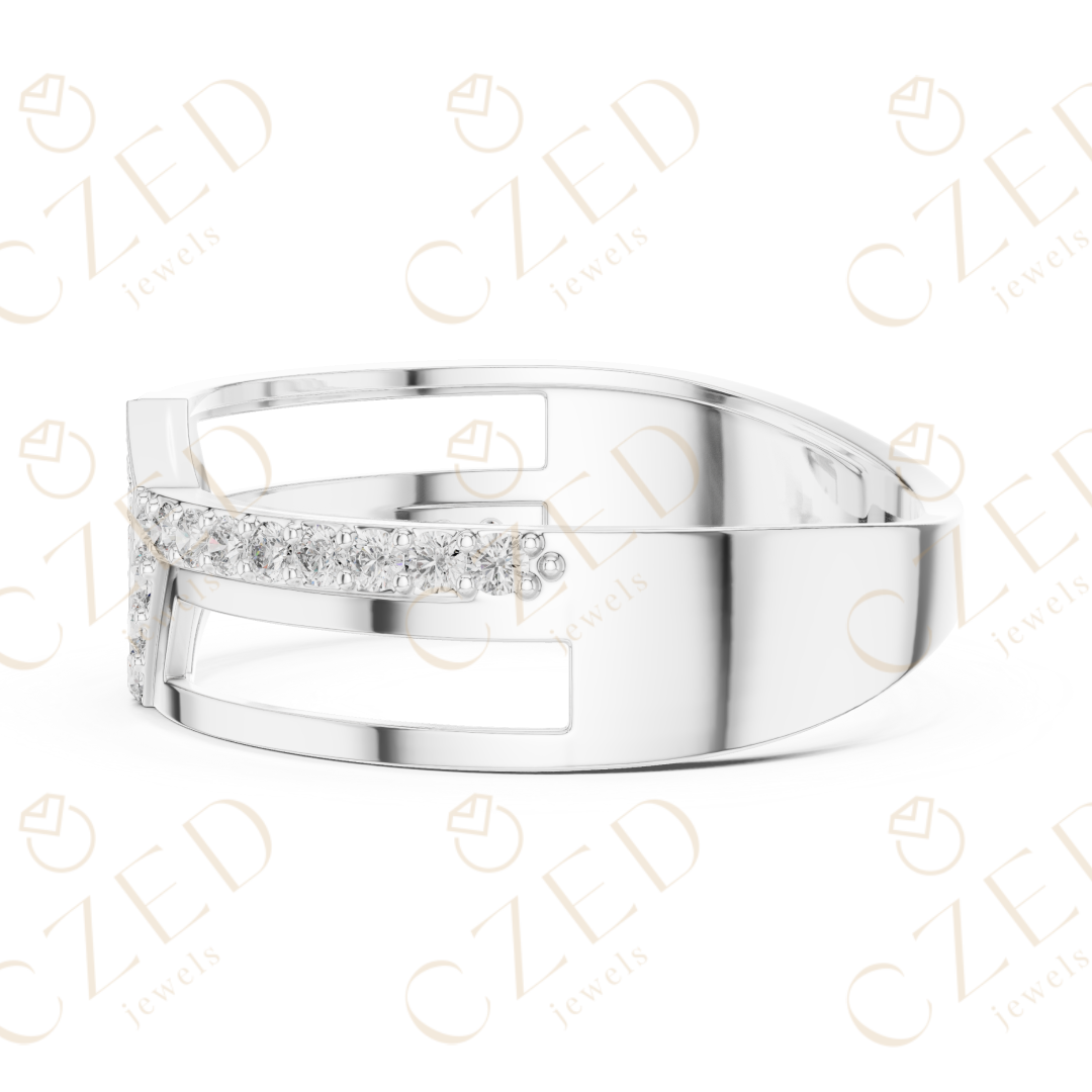 Round Cut Diamond Geometric Panel Band with Pavé Accents