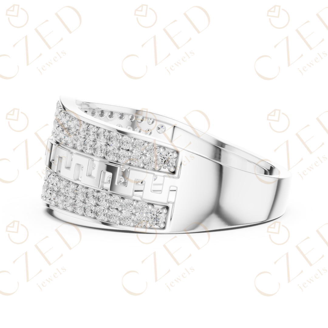 Round Cut Diamond Pavé Panel Men’s Band with Greek Key Openwork