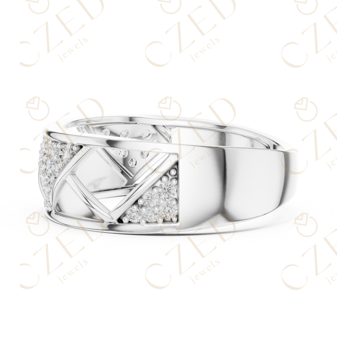 Round Cut Diamond Geometric Cross Band Ring