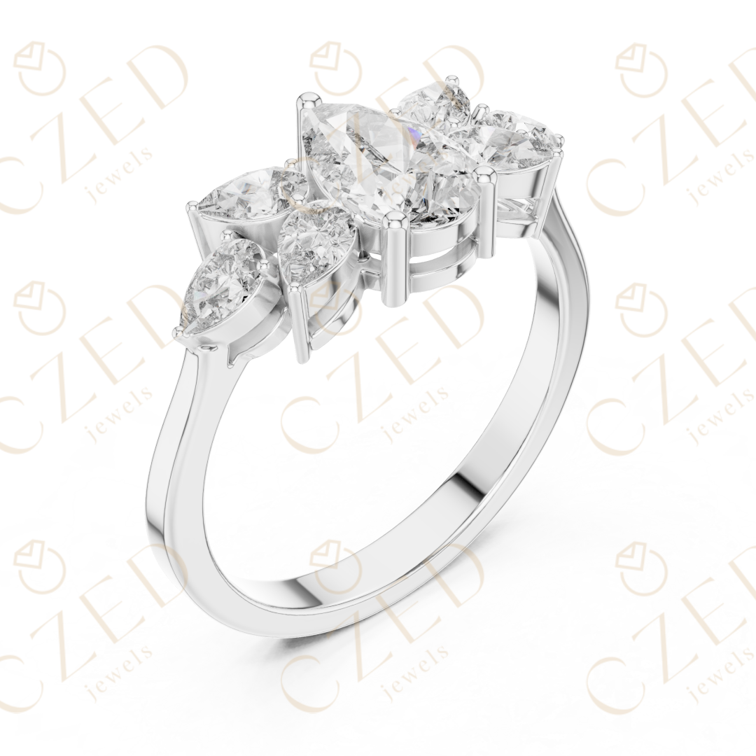Pear Cut Diamond Floral Side Stone Ring with Elegant Petal-Inspired Brilliance