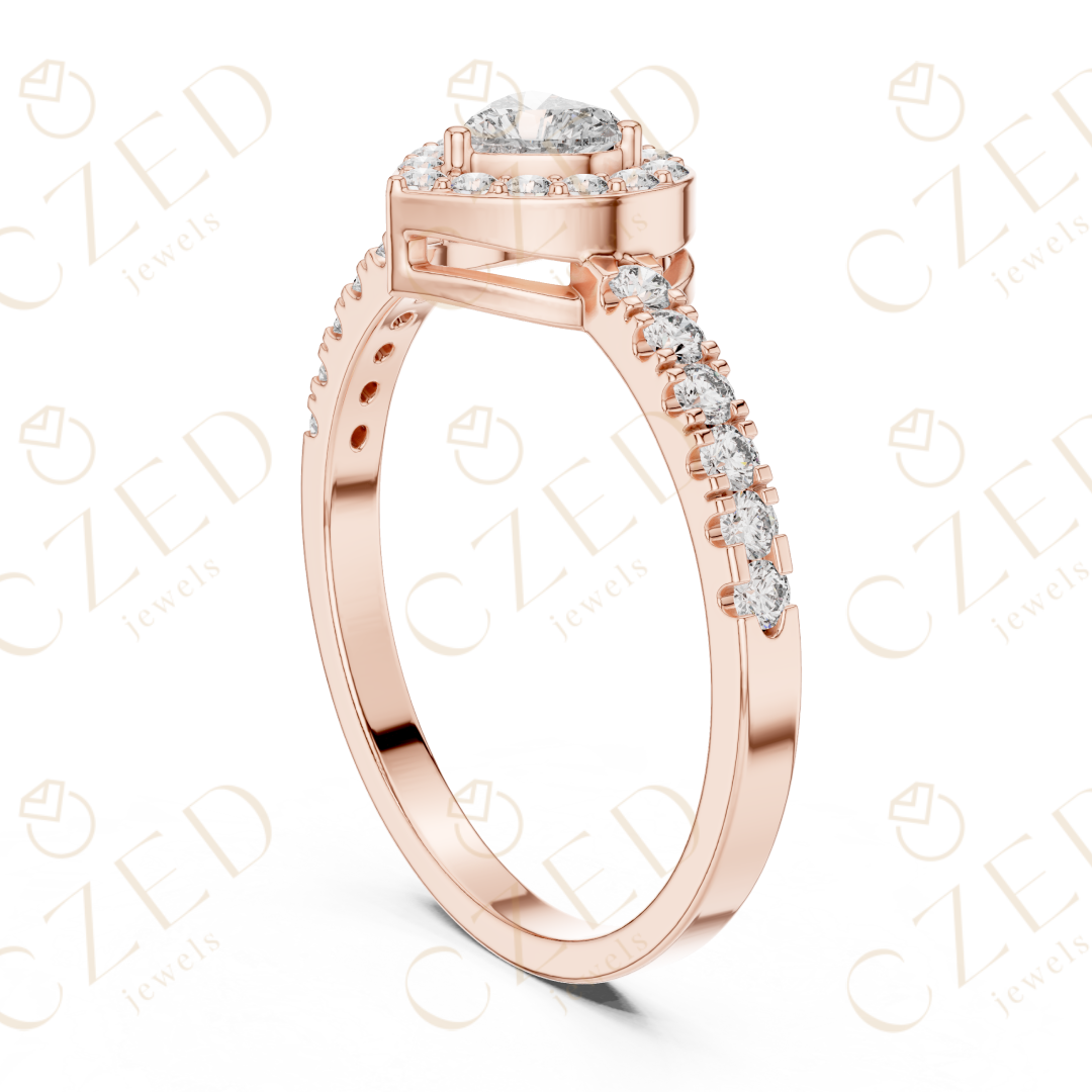 Heart Cut Diamond Halo Ring with Pavé Accented Band and Romantic Brilliance