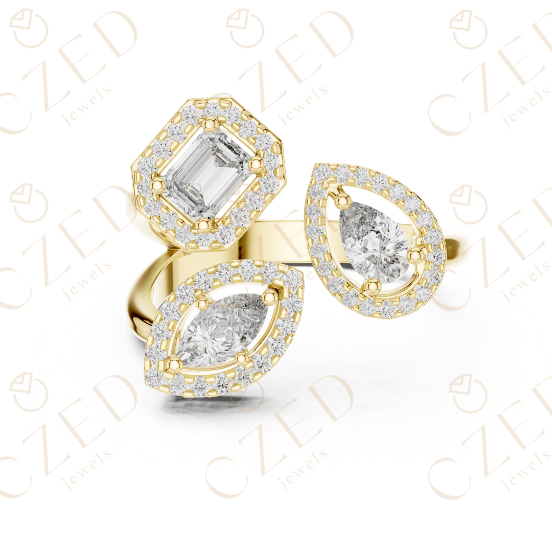 Emerald, Marquise and Pear Cut Diamond Three Stone Halo Ring