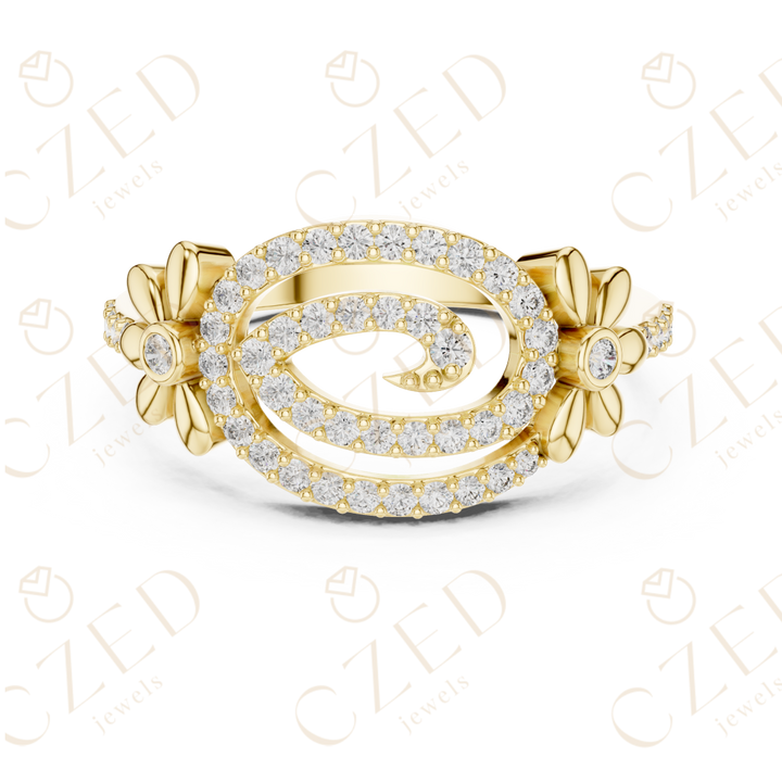 Round Cut Diamond Oval Swirl Halo Ring with Floral Accents