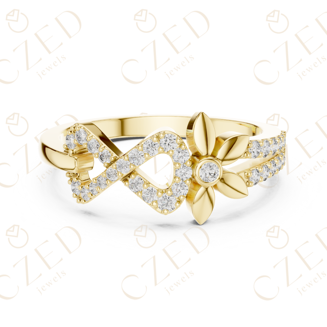 Round Cut Diamond Infinity Band Ring with Floral Motif Accents