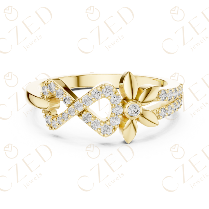 Round Cut Diamond Infinity Band Ring with Floral Motif Accents