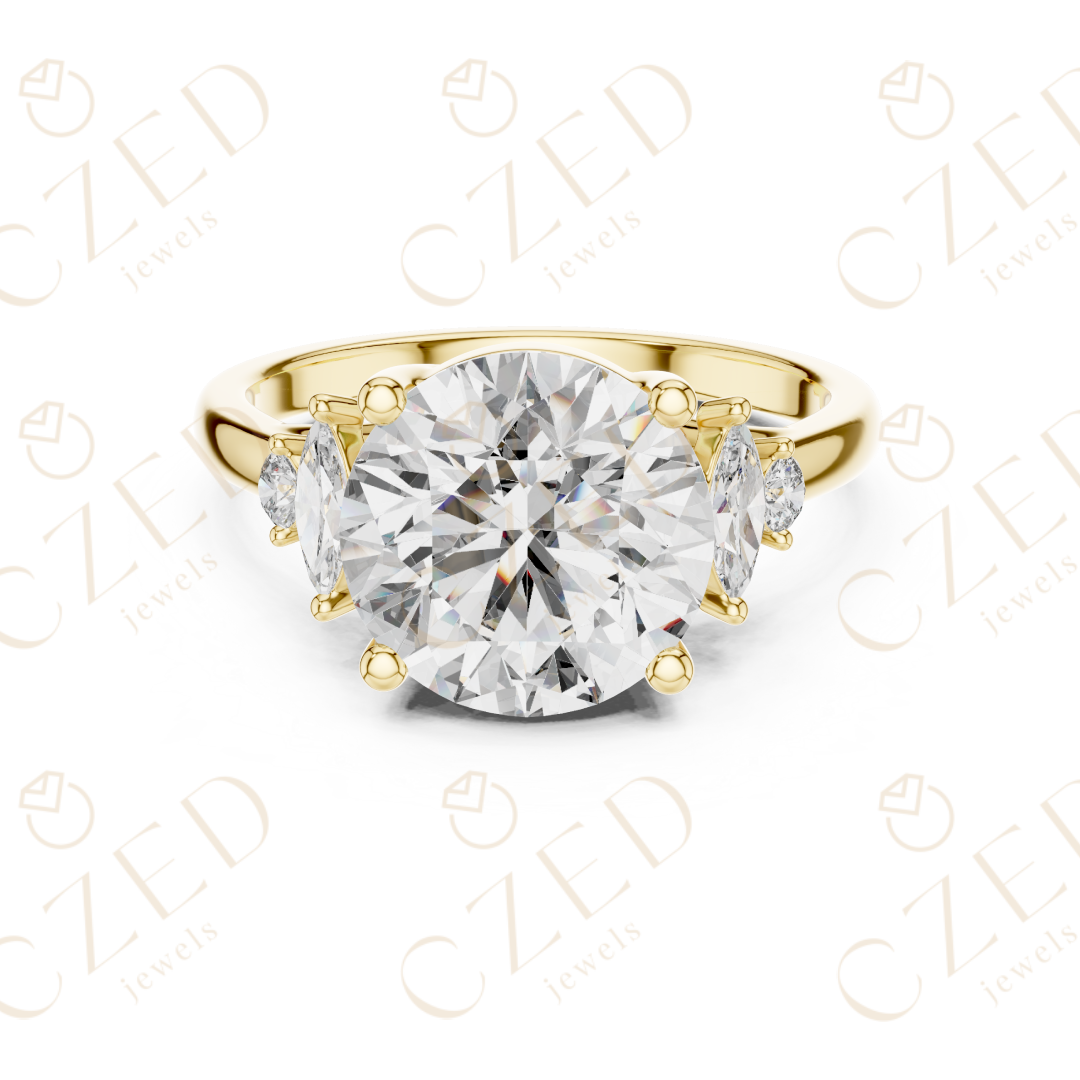 Round Cut Diamond Engagement Ring with Marquise Side Stones