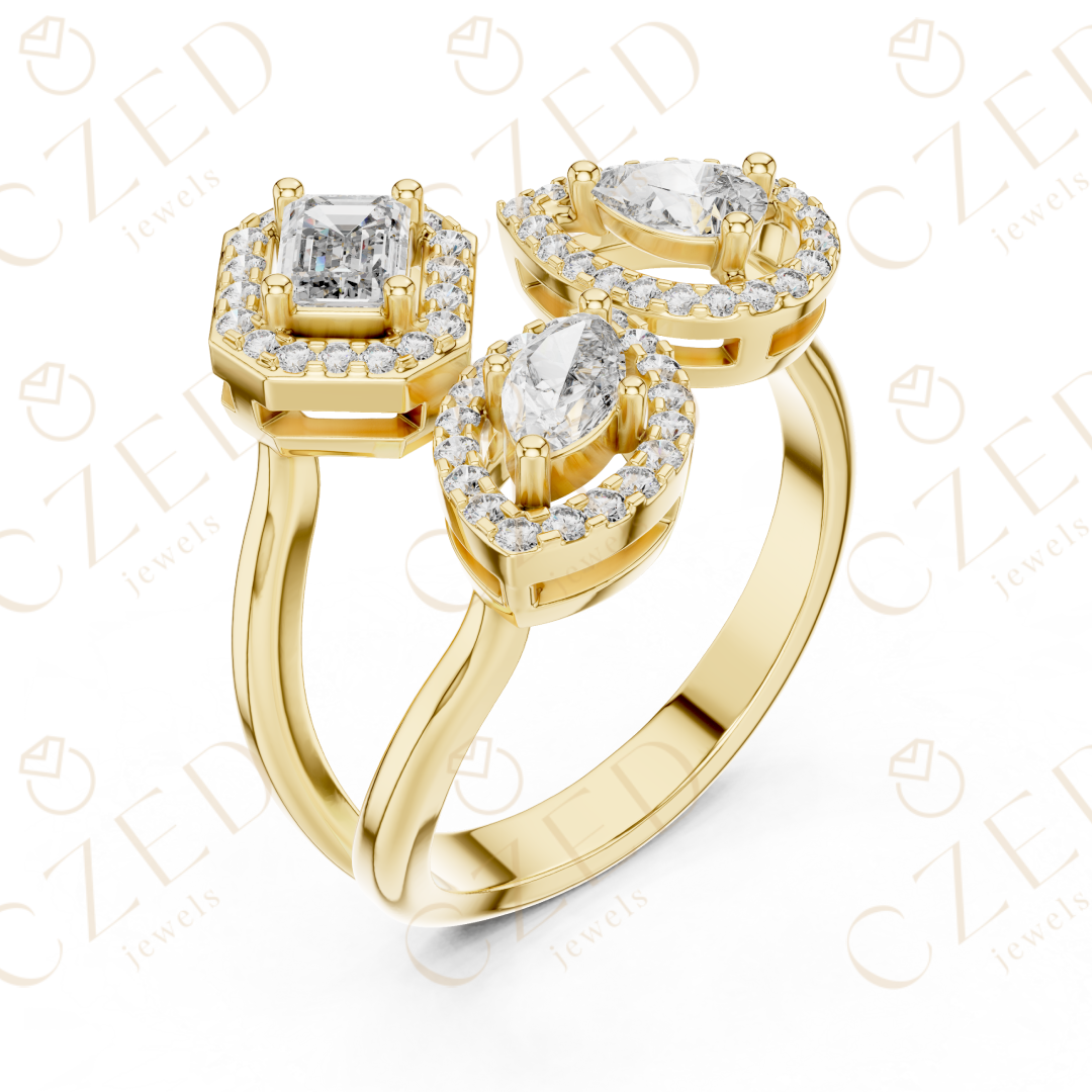 Emerald, Marquise and Pear Cut Diamond Three Stone Halo Ring