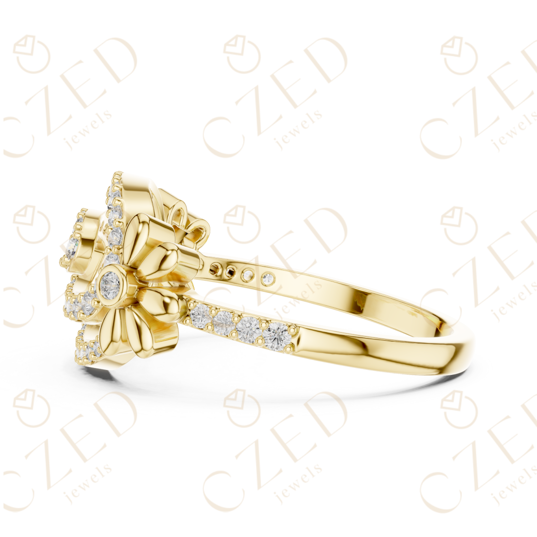 Round Cut Diamond Oval Swirl Halo Ring with Floral Accents