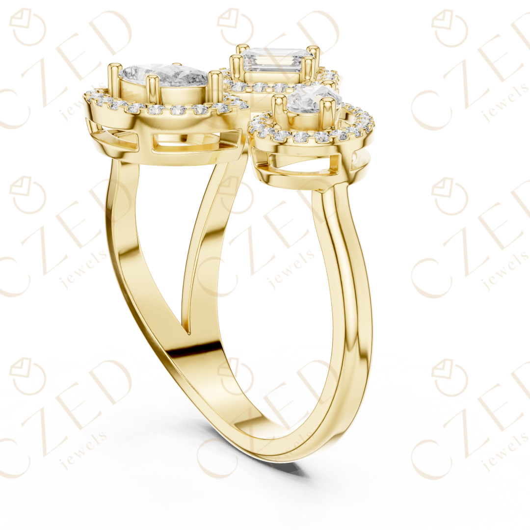 Emerald, Marquise and Pear Cut Diamond Three Stone Halo Ring