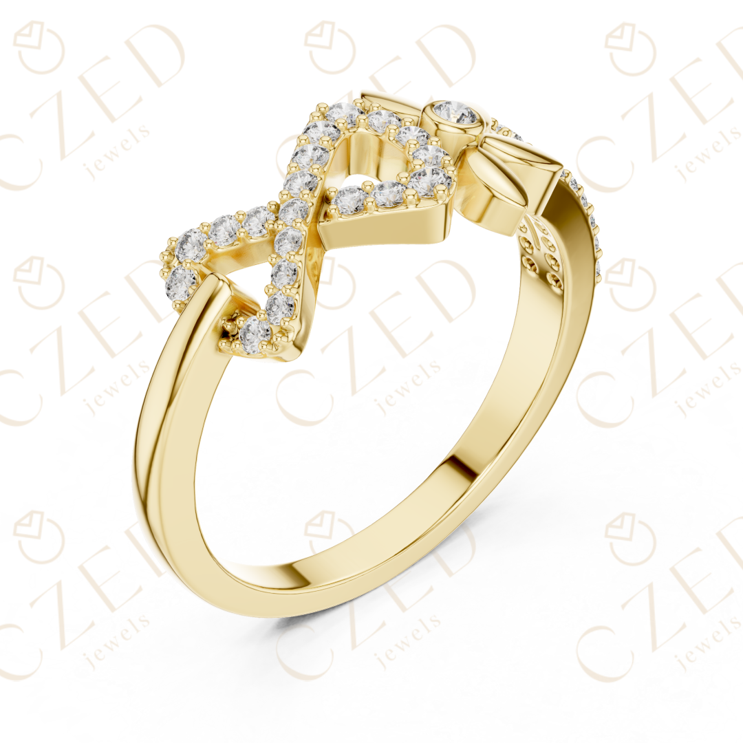 Round Cut Diamond Infinity Band Ring with Floral Motif Accents