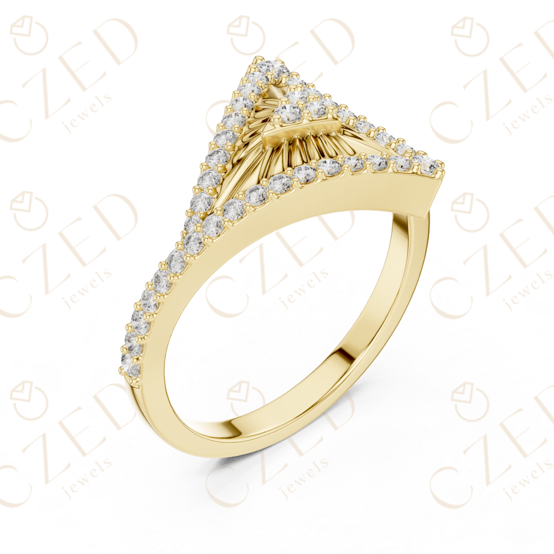 Round Cut Diamond Geometric Triangle Halo Ring