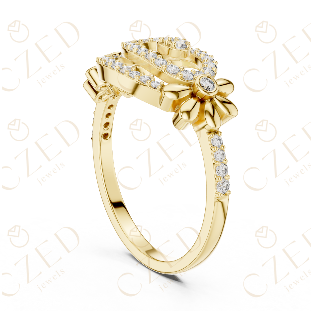 Round Cut Diamond Oval Swirl Halo Ring with Floral Accents