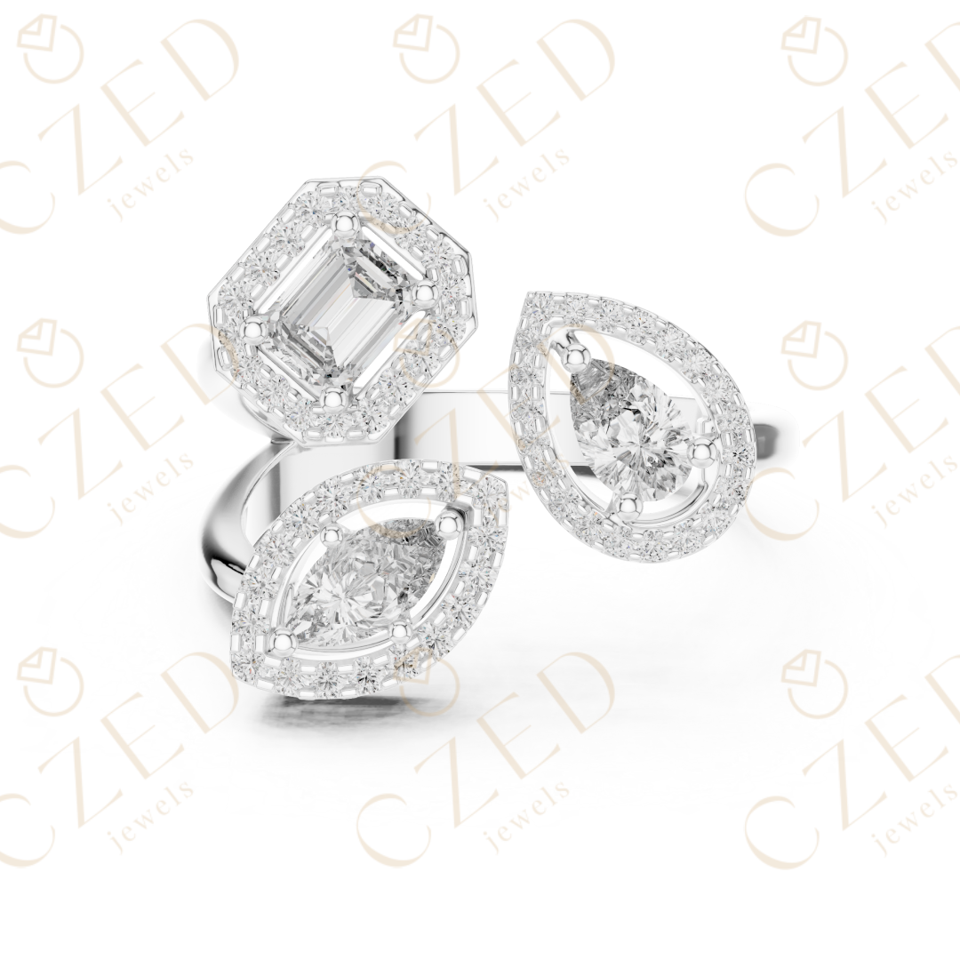 Emerald, Marquise and Pear Cut Diamond Three Stone Halo Ring