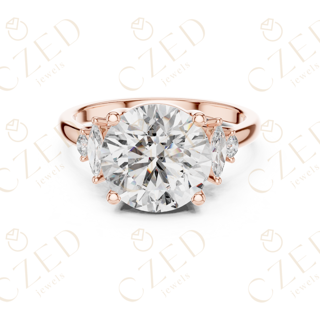 Round Cut Diamond Engagement Ring with Marquise Side Stones